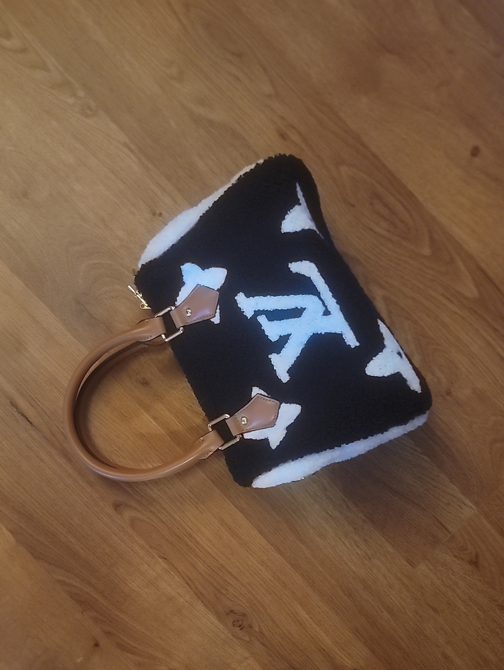 Black and White Sherpa Tote/Crossbody Bag with Tan Handles
